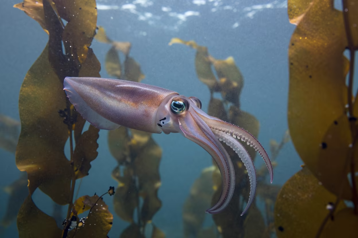 Vampire Squid Among Kelp Fronds in Cuba in through a forest of kelp fronds in Cuba