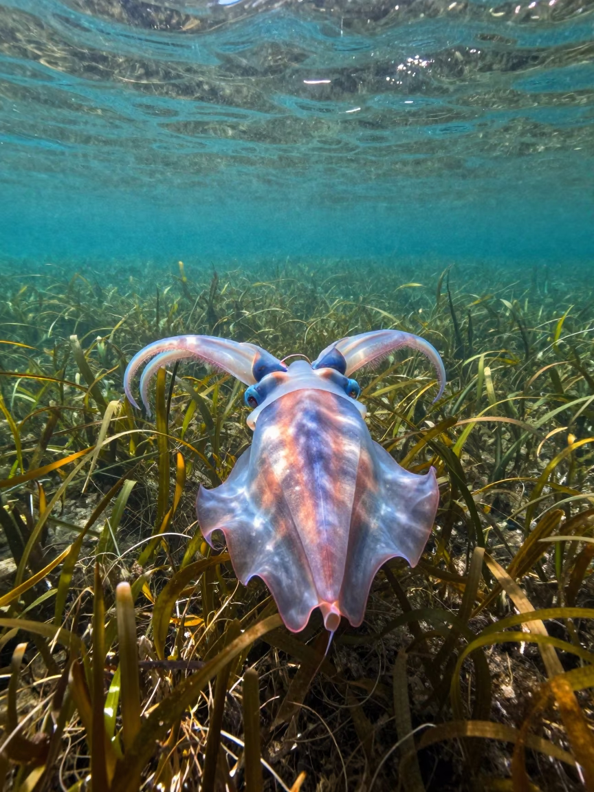 Vampire Squid Over Seagrass Meadow in above a seagrass meadow in British Columbia