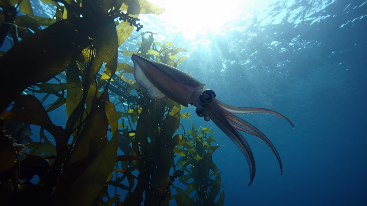 Vampire Squid Silhouette Among Cuban Kelp in along a kelp-fringed shelf in Cuba