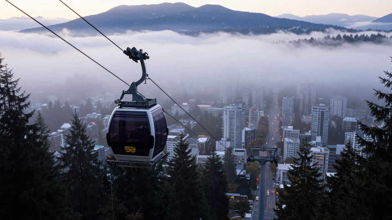 Vancouver Aerial Tramway Rising Above Fog Filled Mountain Valley at Nautical Dawn in in Vancouver, British Columbia, Canada