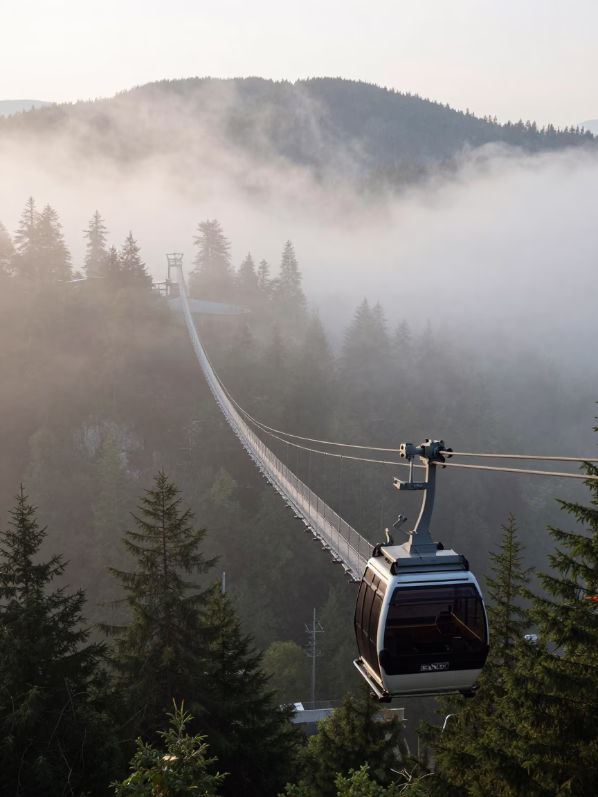 Vancouver Aerial Tramway Rising Above Foggy Mountain Valley at First Light in in Vancouver, British Columbia, Canada