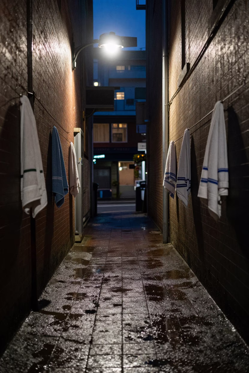 Vancouver alleyway after dark with wet tile grout and drying towels in in Vancouver, British Columbia, Canada