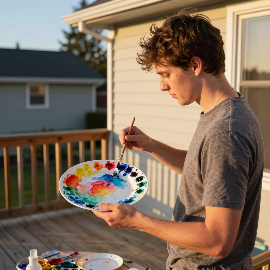 Vancouver Art Student Drying Paint Stained Plate in Golden Hour Sunlight in in Vancouver, British Columbia, Canada