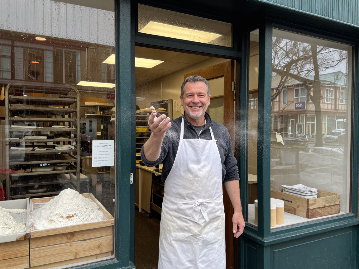 Vancouver Baker Smiling With Flour Dust After Rainy Morning in in Vancouver, British Columbia, Canada