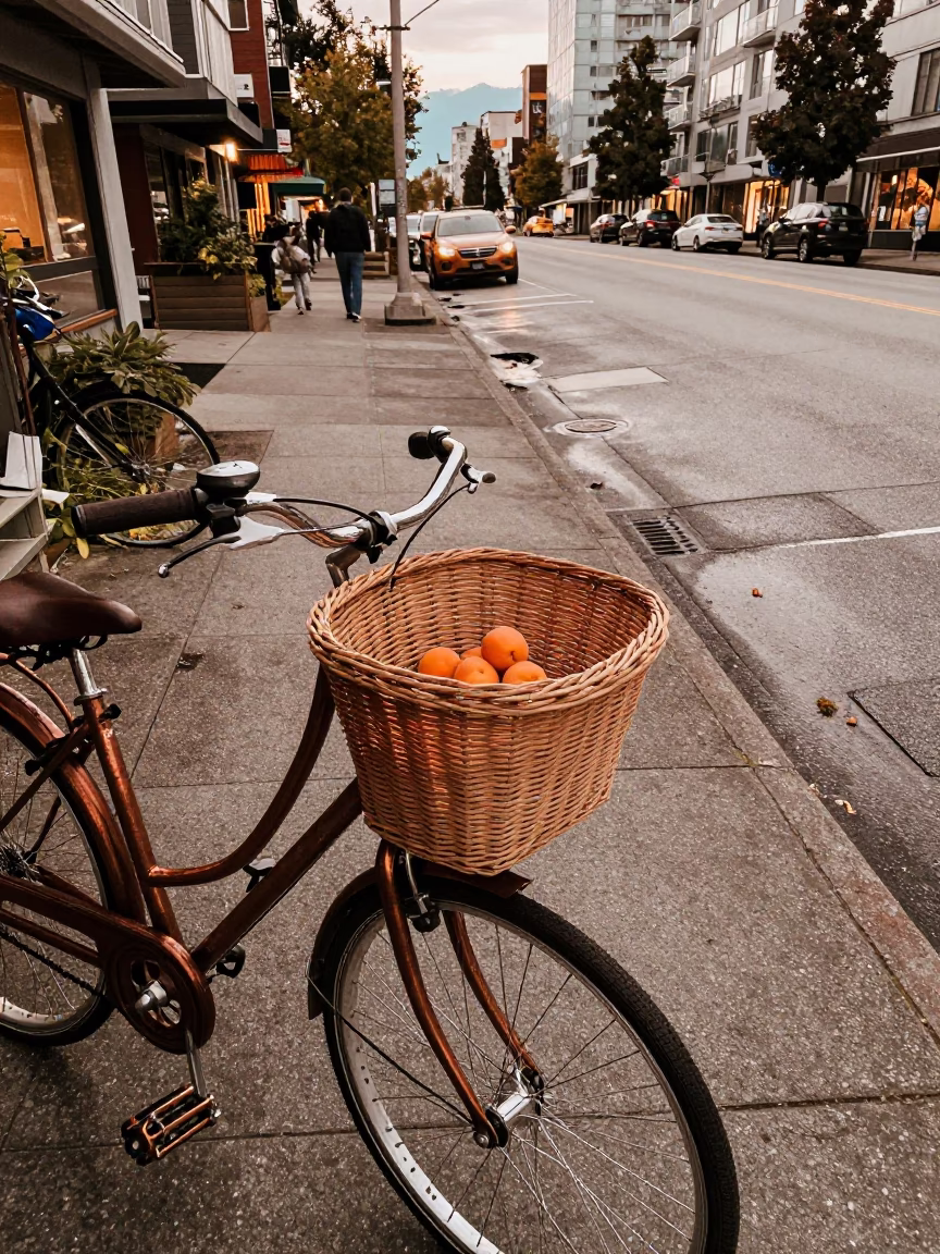 Vancouver BC Canada Copper Dusk Street Scene with Bicycle Basket and Apricots in in Vancouver, British Columbia, Canada