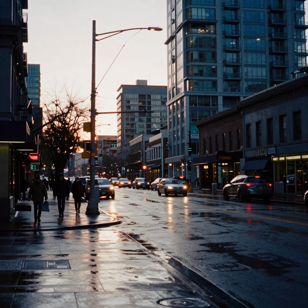 Vancouver BC Downtown Street Scene at Dawn with Power Substation and Urban Infrastructure in in Vancouver, British Columbia, Canada