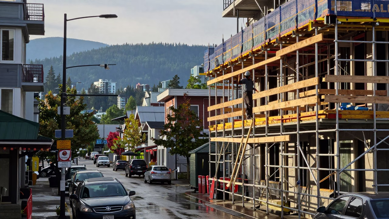 Vancouver BC Early Afternoon Street Scene with Construction Scaffolding and Wet Mortar Trowel in in Vancouver, British Columbia, Canada