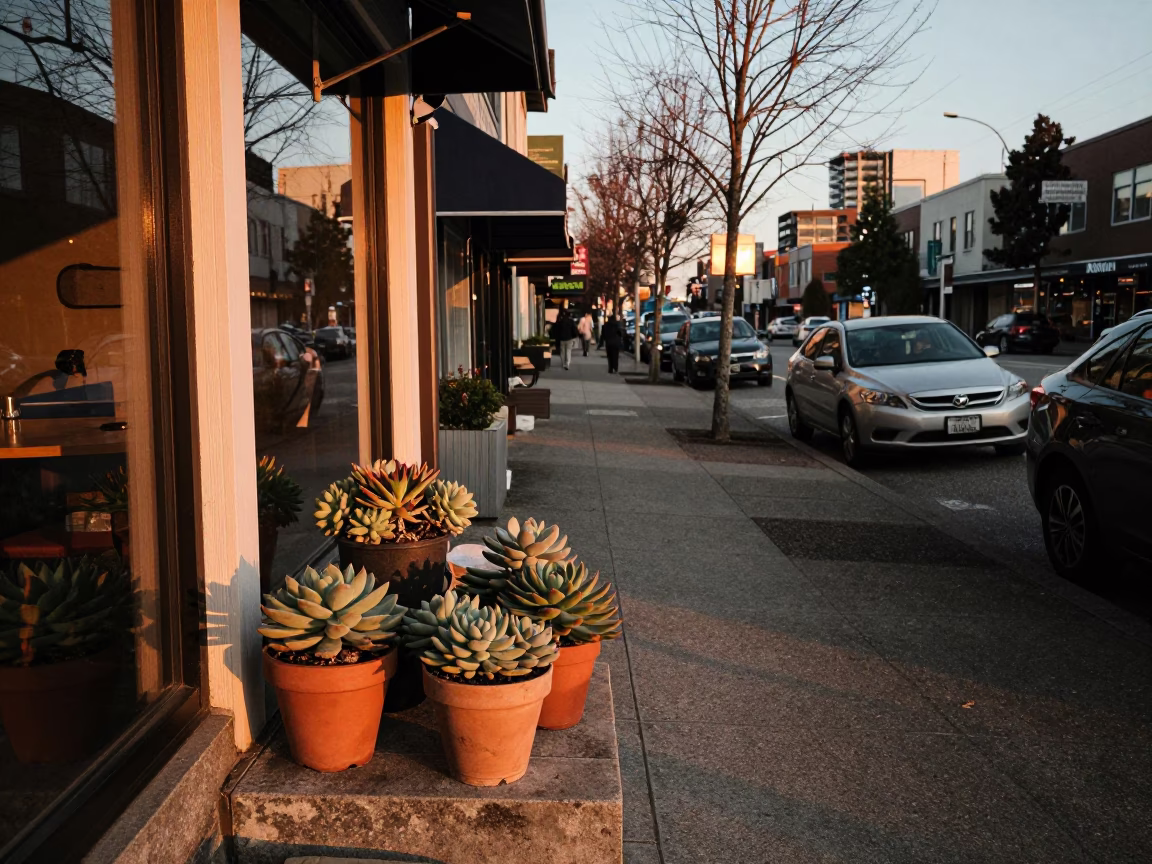 Vancouver BC Evening Street Scene with Potted Succulents and Urban Harbor Light in in Vancouver, British Columbia, Canada