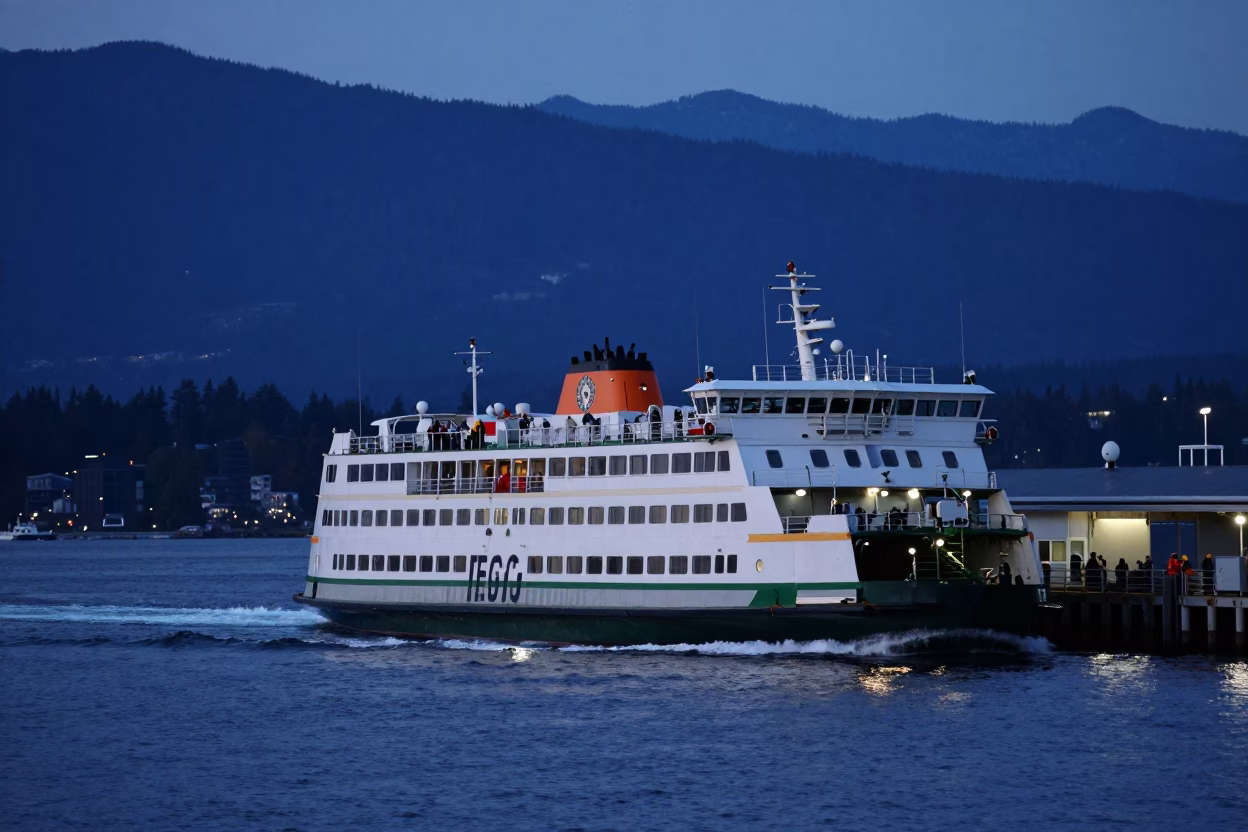 Vancouver BC Indigo Twilight Ferry Departure with Mountain Backdrop and Harbor Activity in in Vancouver, British Columbia, Canada