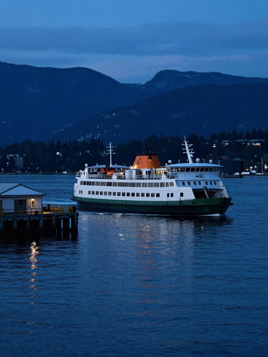Vancouver BC Indigo Twilight Ferry Leaving Harbor With Mountains Behind in in Vancouver, British Columbia, Canada