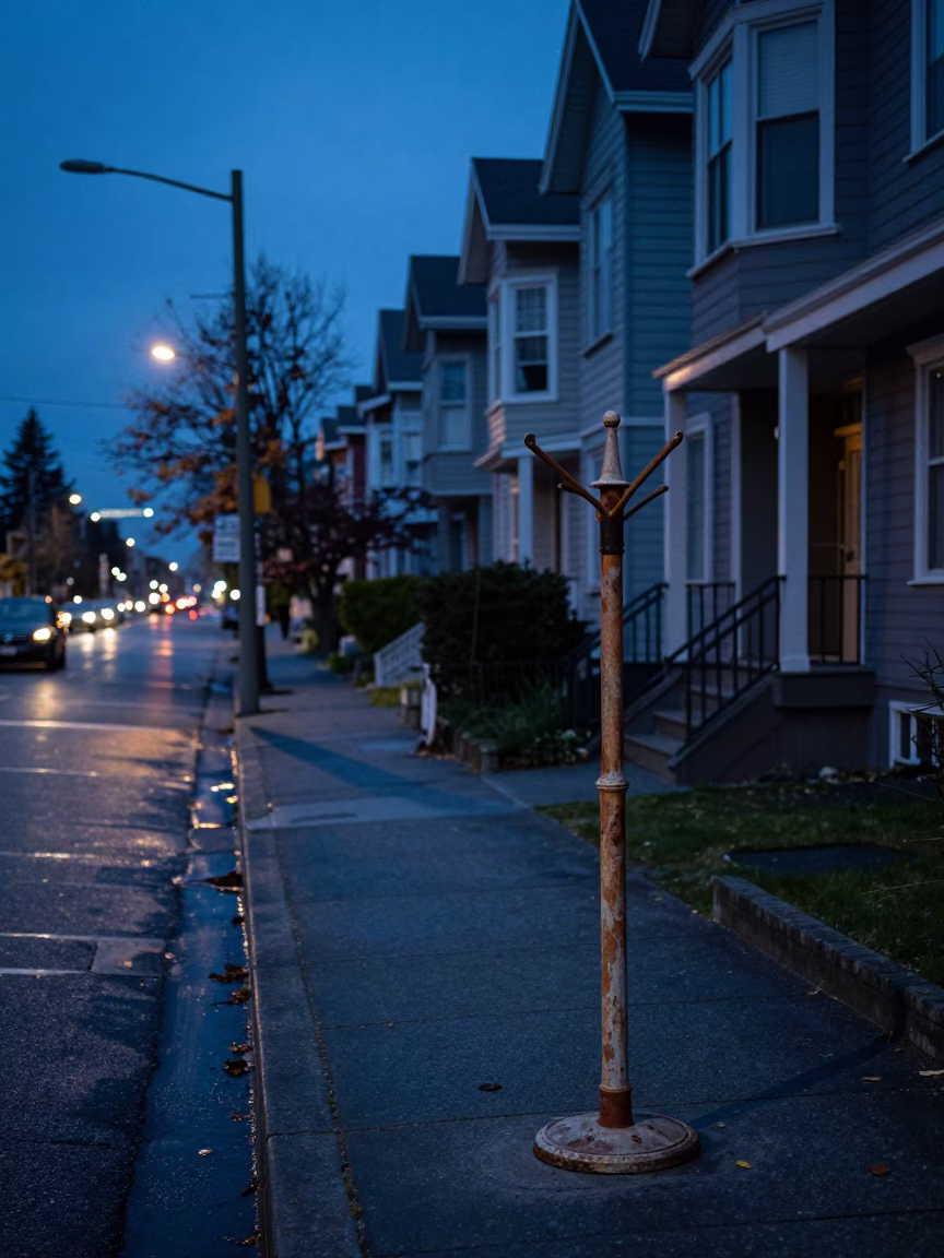Vancouver BC Indigo Twilight Street Scene With Coat Stand And Doormat in in Vancouver, British Columbia, Canada