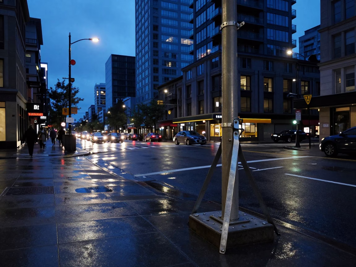 Vancouver BC Indigo Twilight Street Scene with Turnbuckle and Urban Architecture in in Vancouver, British Columbia, Canada