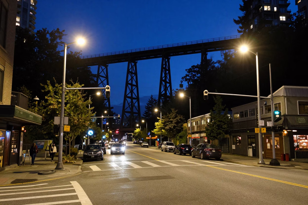 Vancouver BC Street Scene at Midnight with Train Trestle Over Gorge in in Vancouver, British Columbia, Canada