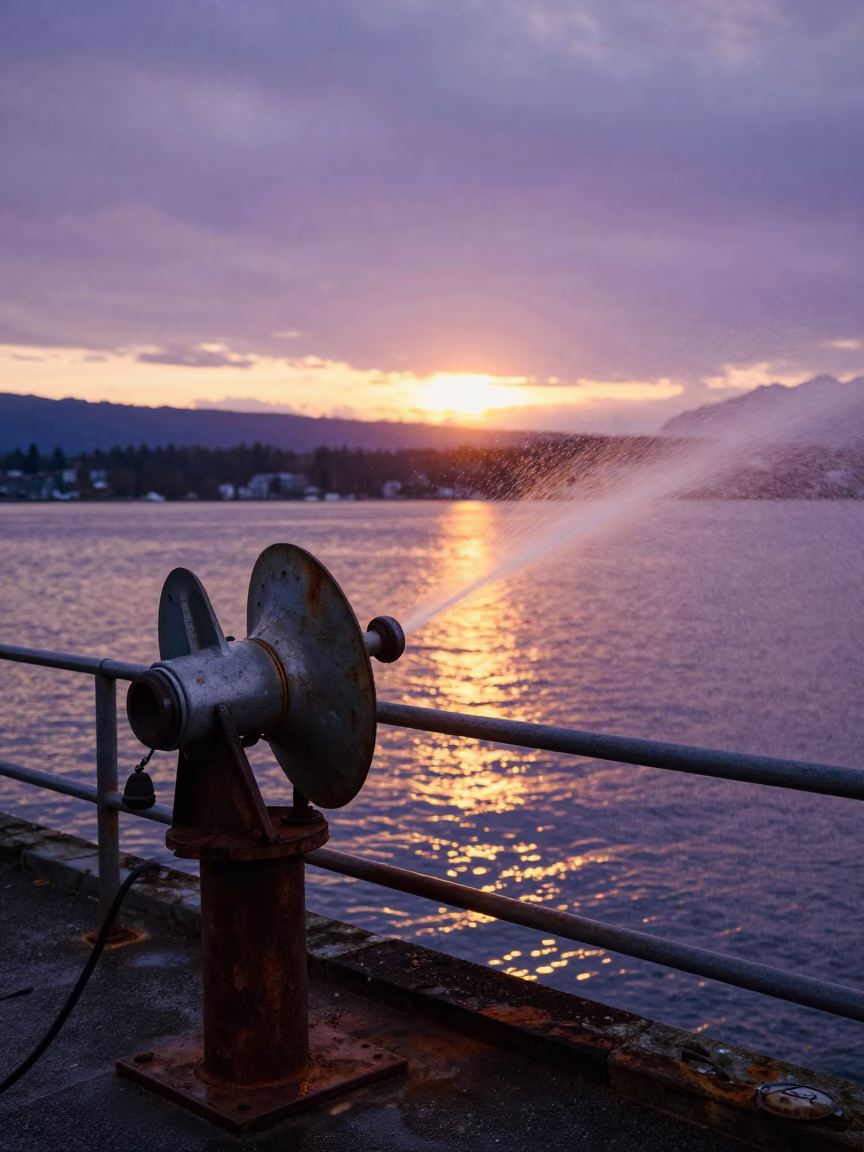 Vancouver BC Sunset Harbor Hydrophone Winch Spray Golden Light Realistic 1990s Photograph in in Vancouver, British Columbia, Canada