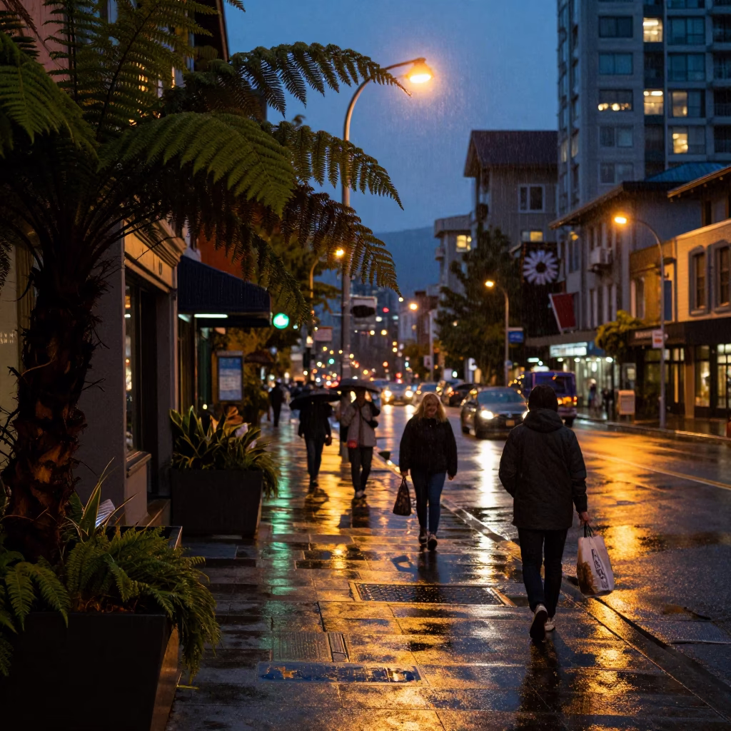 Vancouver BC Twilight Street Scene with Fern Fronds and Wet Bottle Condensation in in Vancouver, British Columbia, Canada