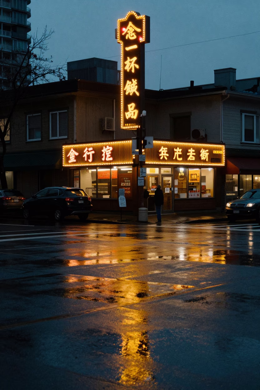 Vancouver BC twilight street scene with wet pavement reflections and urban architecture in in Vancouver, British Columbia, Canada