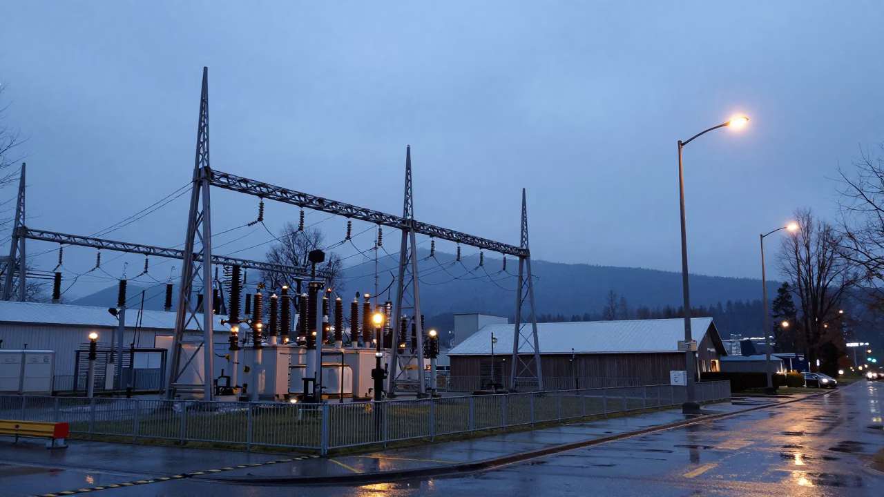 Vancouver Before Dawn Industrial Substation and Rainy Street Light Reflections in in Vancouver, British Columbia, Canada