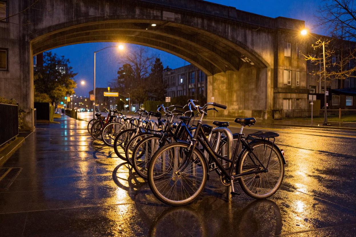 Vancouver Bicycle Rack at Late At Night Light in in Vancouver, British Columbia, Canada