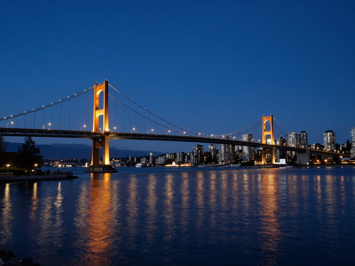 Vancouver Blue Hour Bridge Illumination Harbor Reflections and City Lights in in Vancouver, British Columbia, Canada