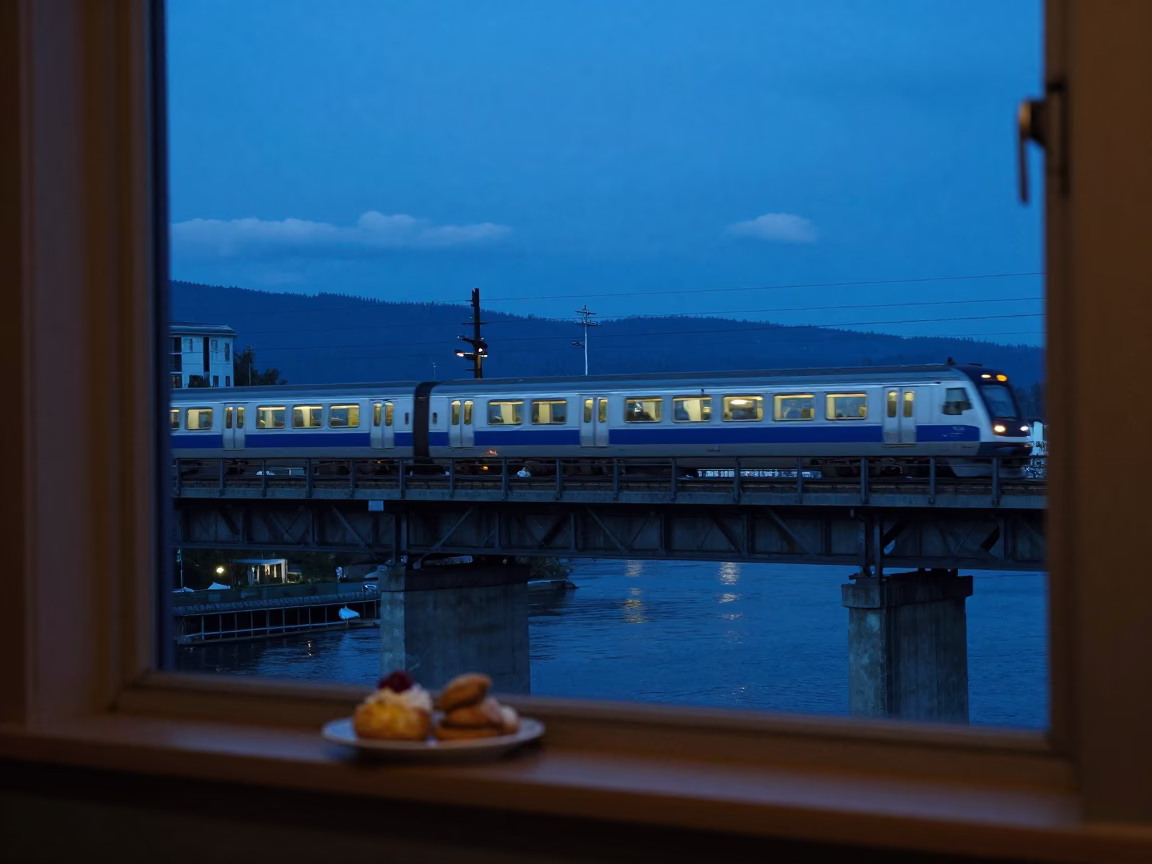 Vancouver Blue Hour Commuter Train Crossing Bridge Pastries on Windowsill in in Vancouver, British Columbia, Canada