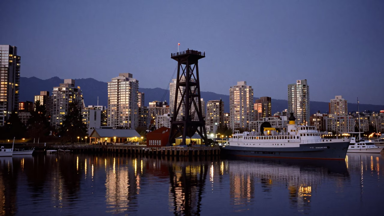 Vancouver Blue Hour Harbor Reflections and Urban Waterfront Activity in in Vancouver, British Columbia, Canada