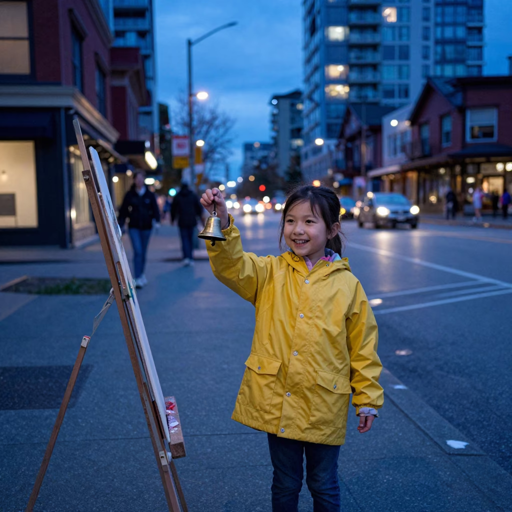 Vancouver Blue Hour Street Scene with Child and Paint Flecks on Latch in in Vancouver, British Columbia, Canada