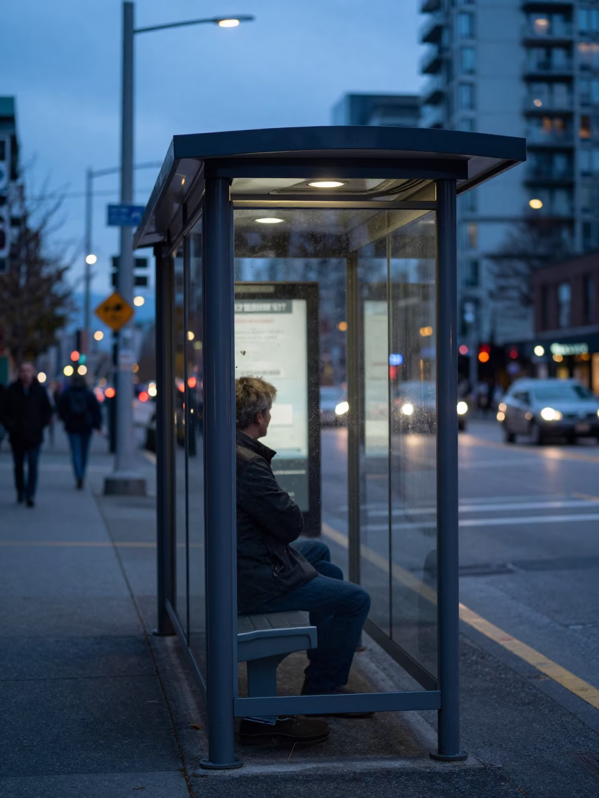 Vancouver Blue Hour Street Scene with Glossy Enamel Bus Stop and Urban Details in in Vancouver, British Columbia, Canada