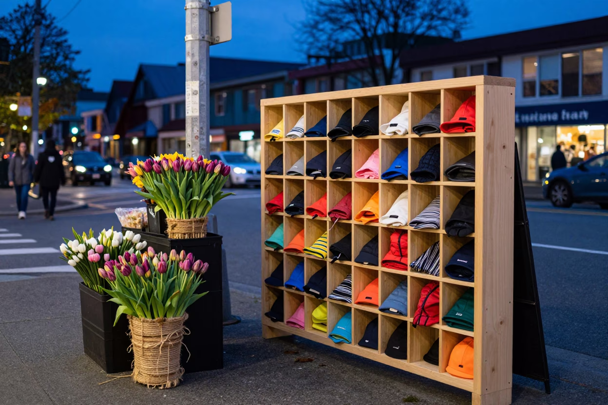 Vancouver Blue Hour Street Scene with Preschool Cubby Wall and Florist Shop in in Vancouver, British Columbia, Canada