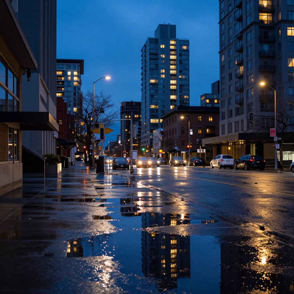 Vancouver Blue Hour Street Scene with Puddle Reflections of Hotel Windows and Tail Lights in in Vancouver, British Columbia, Canada