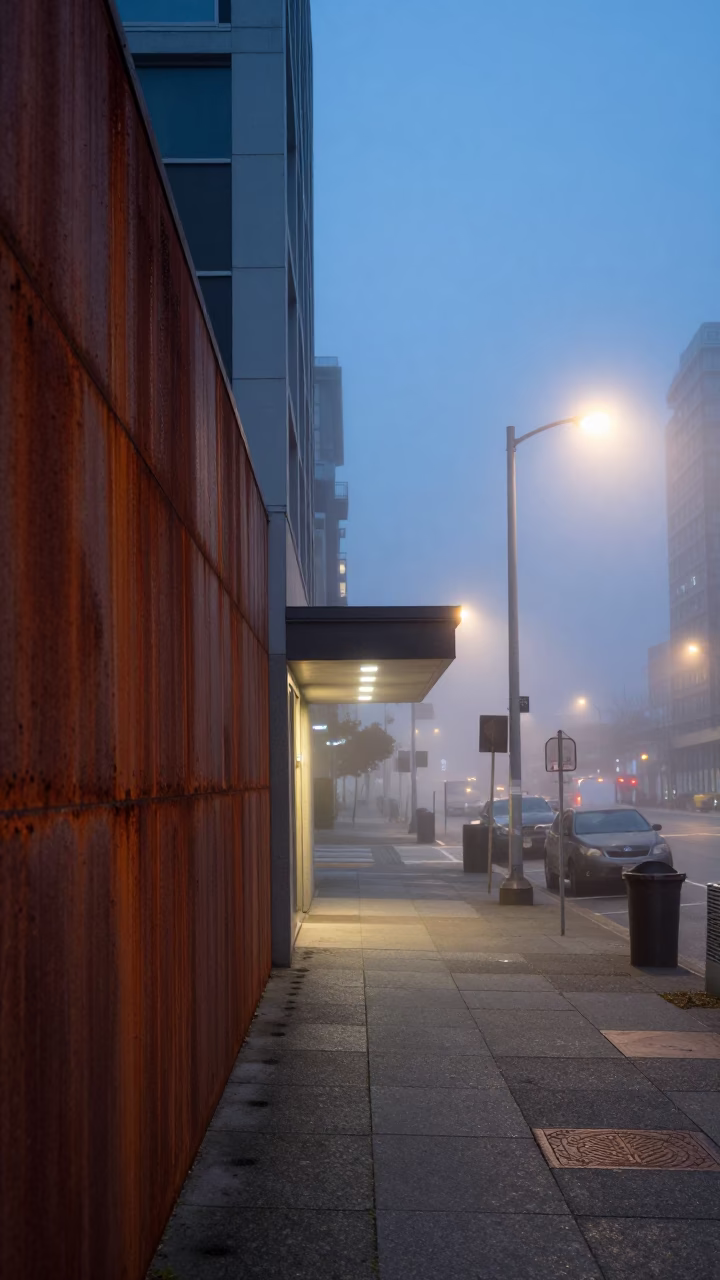 Vancouver Blue Hour Street Scene with Rusty Wall and Foggy Atmosphere in in Vancouver, British Columbia, Canada
