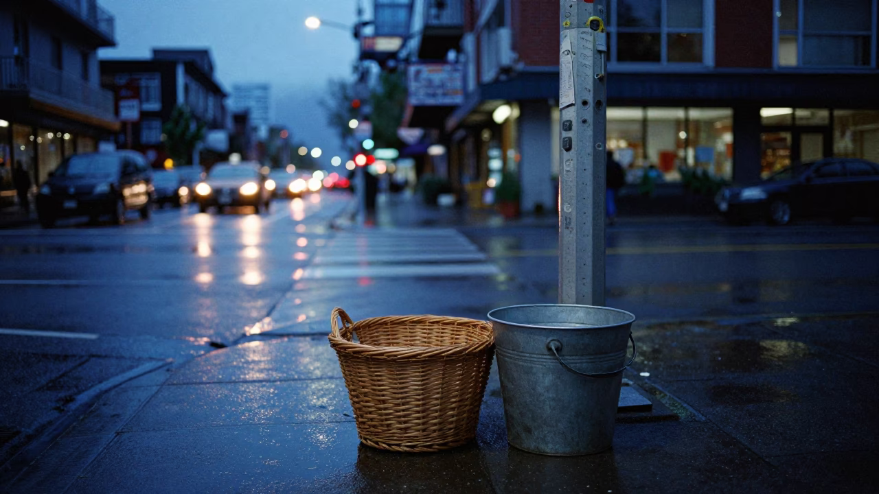 Vancouver Blue Hour Street Scene with Wicker Basket and Metal Bucket in in Vancouver, British Columbia, Canada