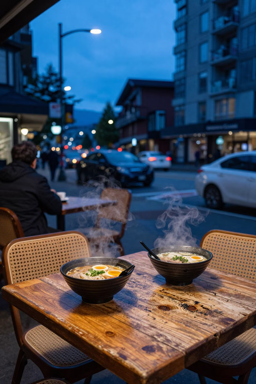 Vancouver Blue Hour Street Scene With Woven Cane And Scratched Table in in Vancouver, British Columbia, Canada