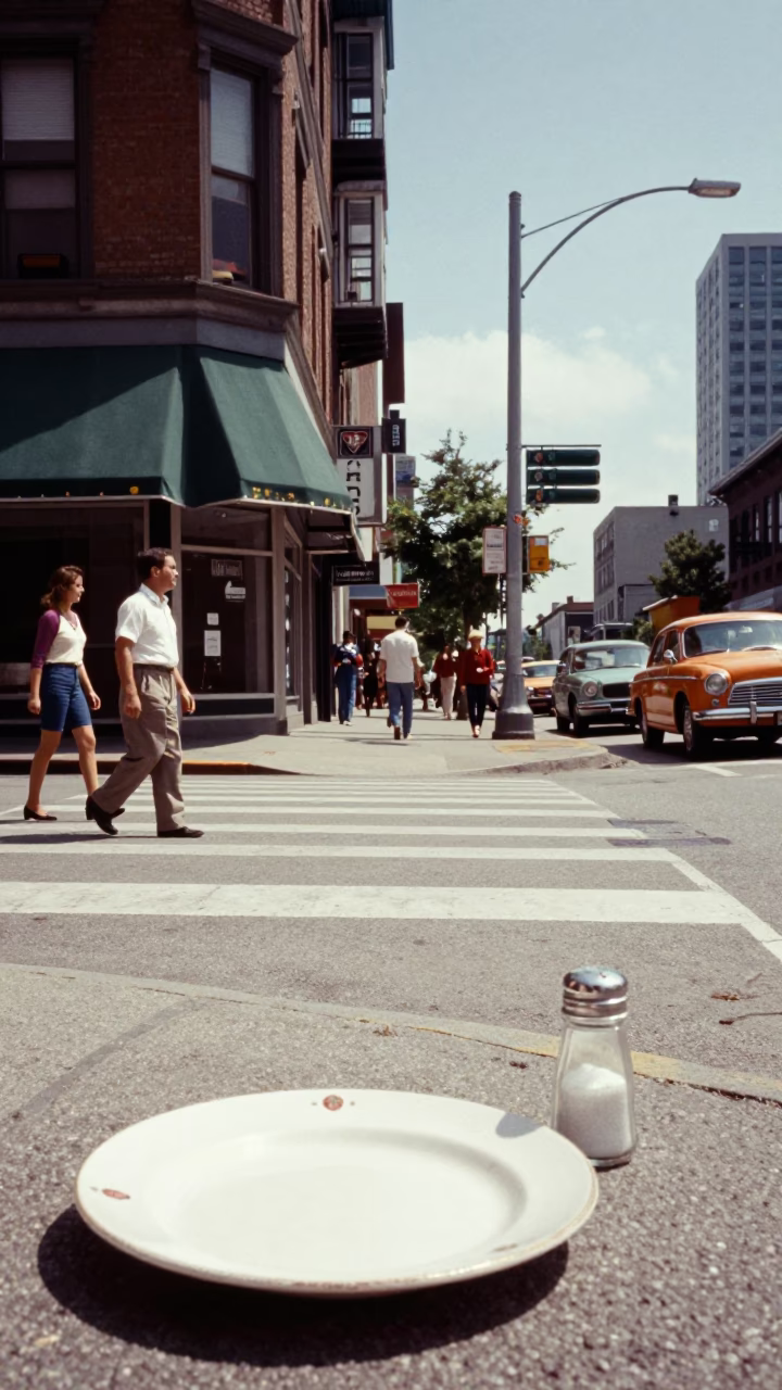 Vancouver British Columbia Canada 1950s Noon Street Scene with Plate and Salt Shaker in in Vancouver, British Columbia, Canada