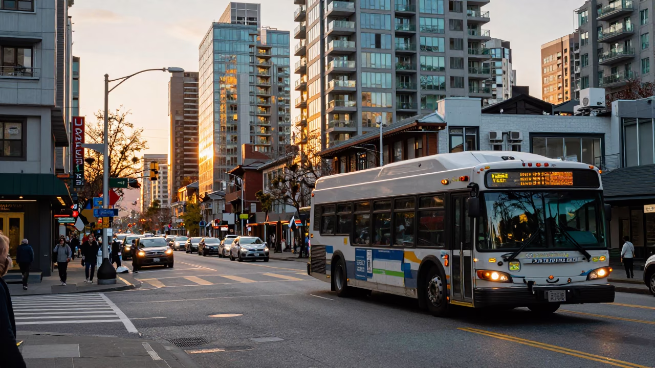 Vancouver British Columbia Canada Golden Hour Street Scene with Bus and Cityscape in in Vancouver, British Columbia, Canada