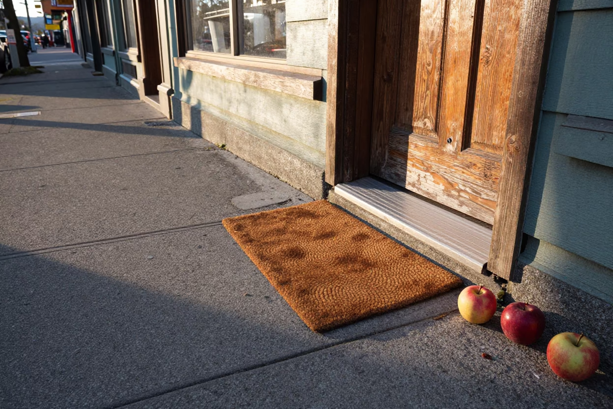 Vancouver British Columbia Canada Street Scene Just After Sunrise with Apples and Doormat in in Vancouver, British Columbia, Canada