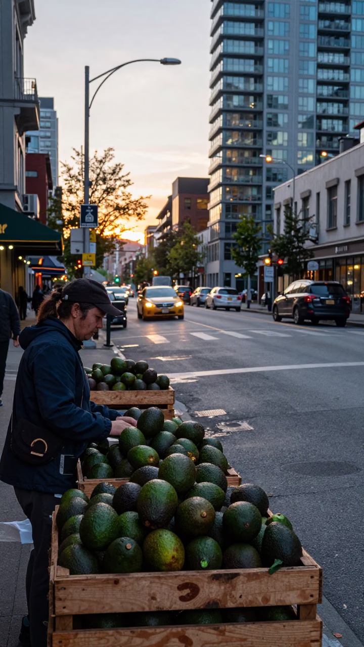 Vancouver British Columbia Dawn Street Scene with Avocados and Urban Latch Details in in Vancouver, British Columbia, Canada