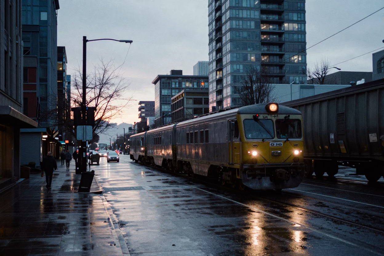 Vancouver British Columbia Dawn Street Scene with Freight Train and Urban Life in in Vancouver, British Columbia, Canada
