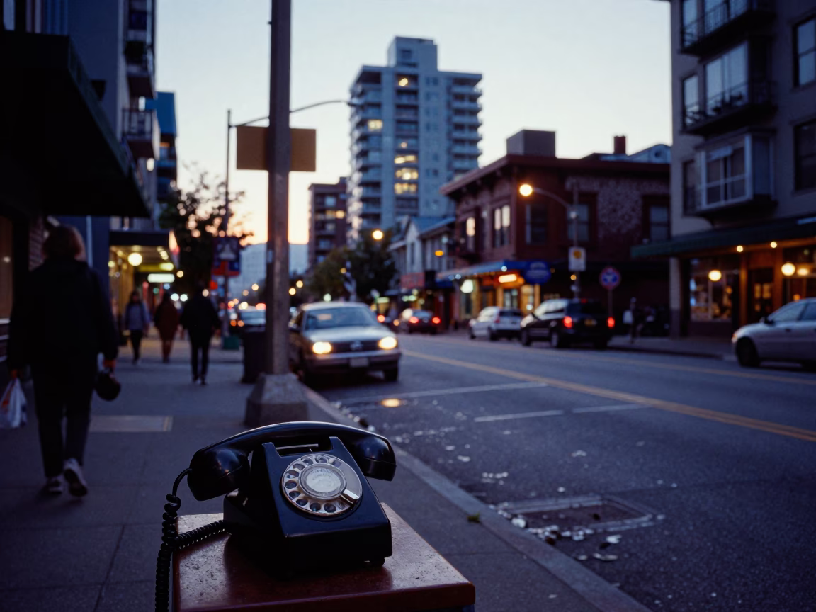 Vancouver British Columbia Dawn Street Scene with Vintage Bakelite Telephone and Local Market Details in in Vancouver, British Columbia, Canada