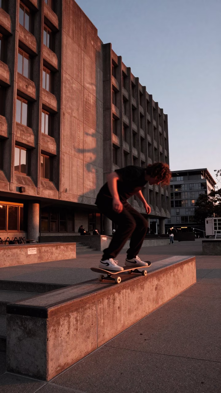Vancouver British Columbia Dusk Street Scene with Skateboarder and Brutalist Architecture in in Vancouver, British Columbia, Canada