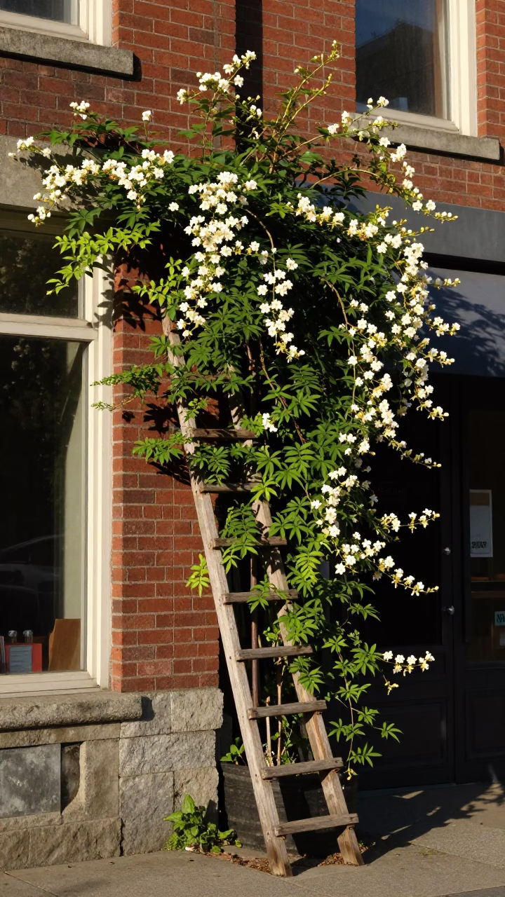 Vancouver British Columbia Early Afternoon Street Scene with Climbing Jasmine Trellis and Local Pedestrians in in Vancouver, British Columbia, Canada