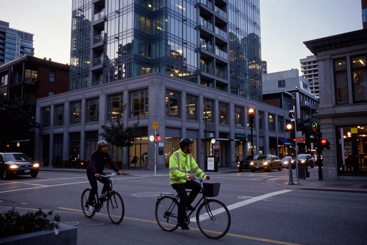 Vancouver British Columbia Early Evening Street Scene with Cyclist and Coffee Shop in in Vancouver, British Columbia, Canada