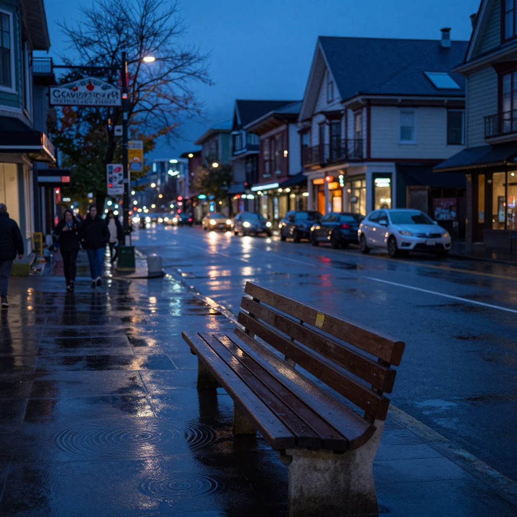 Vancouver British Columbia Evening Blue Hour Street Scene with Water Rings and Urban Details in in Vancouver, British Columbia, Canada