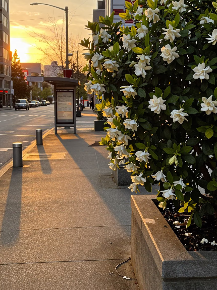 Vancouver British Columbia Evening Street Scene with Gardenia Bush and Urban Infrastructure in in Vancouver, British Columbia, Canada