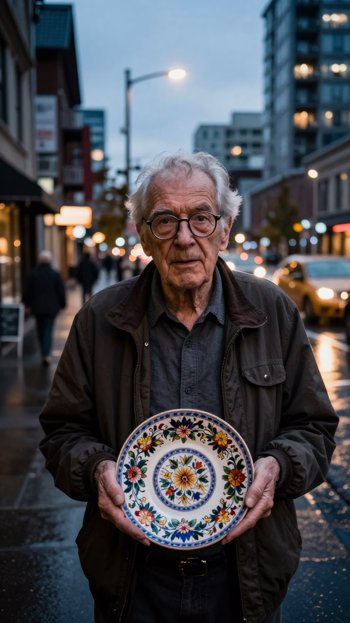 Vancouver British Columbia Evening Street Scene with Retired Astronomer and Vintage Majolica Plate in in Vancouver, British Columbia, Canada