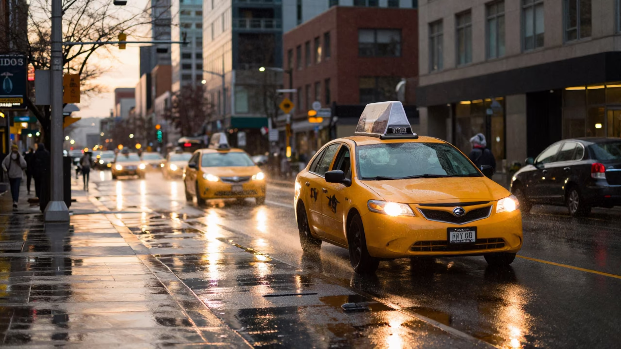 Vancouver British Columbia Evening Street Scene with Yellow Taxi and Urban Life in in Vancouver, British Columbia, Canada