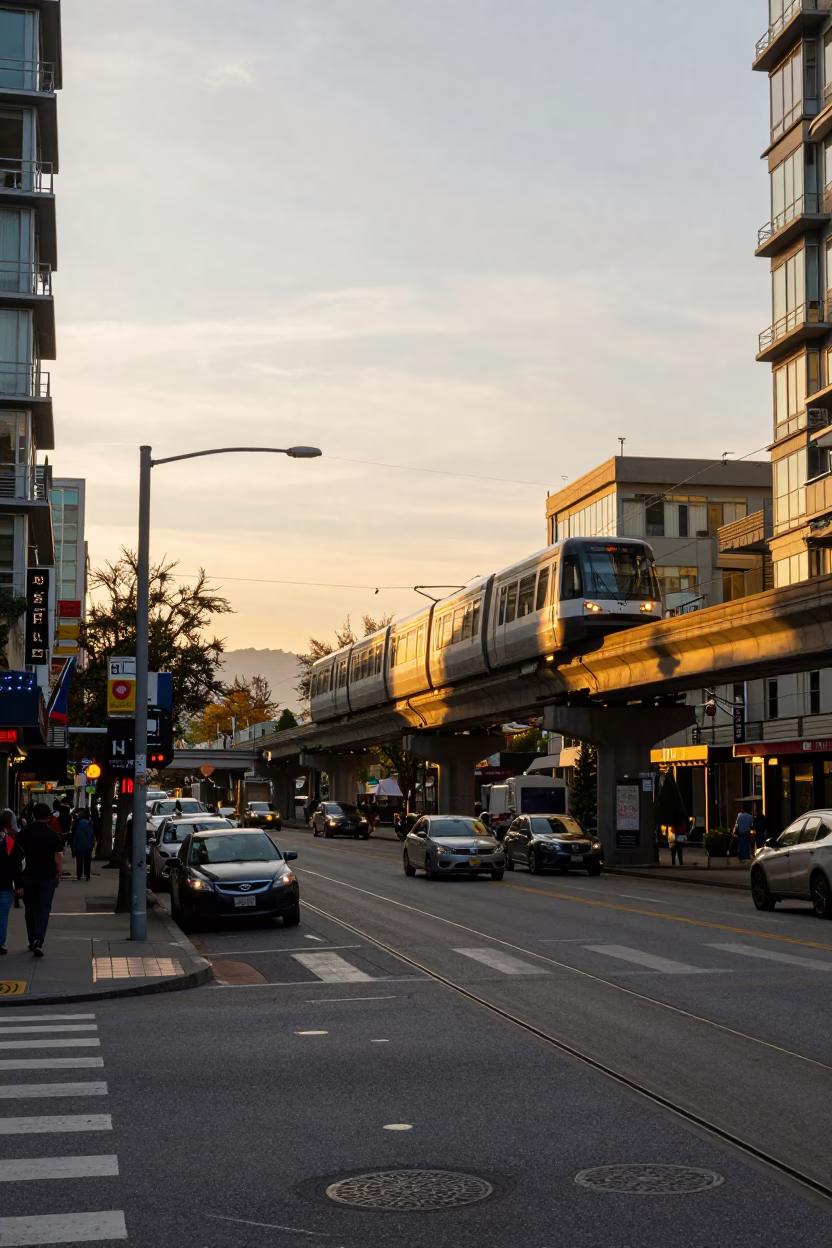 Vancouver British Columbia Golden Hour Street Scene with Monorail and Urban Details in in Vancouver, British Columbia, Canada