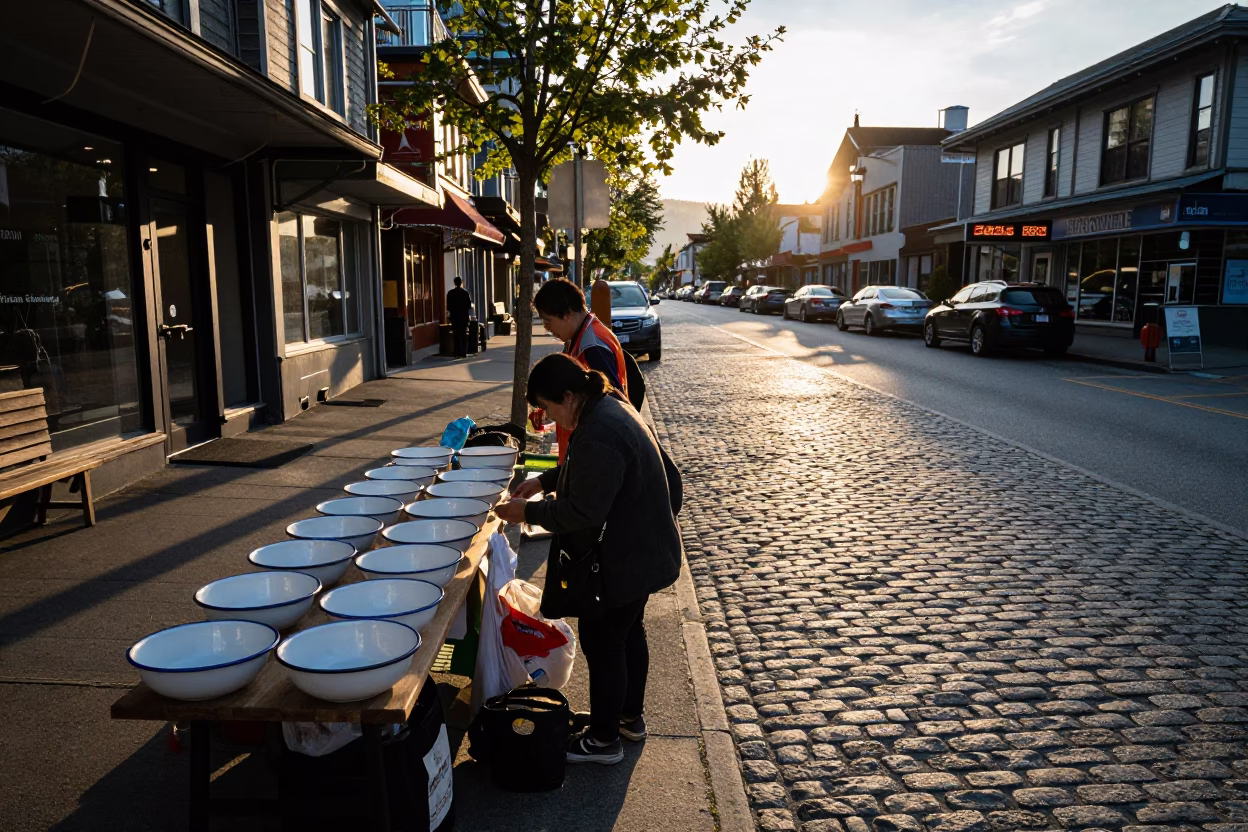 Vancouver British Columbia Late Afternoon Street Scene with Enamel Bowls and Wash Basin in in Vancouver, British Columbia, Canada