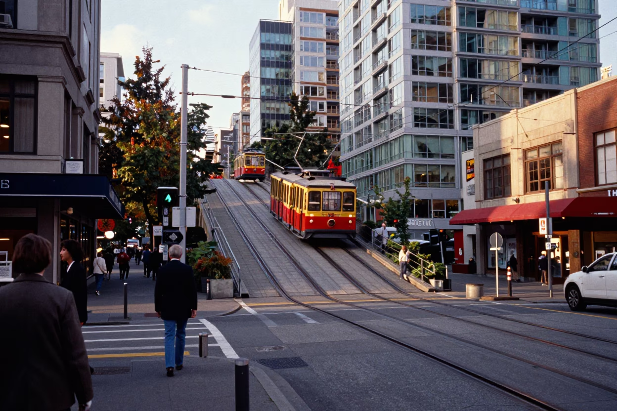 Vancouver British Columbia Late Afternoon Street Scene with Funicular and Urban Reflections in in Vancouver, British Columbia, Canada