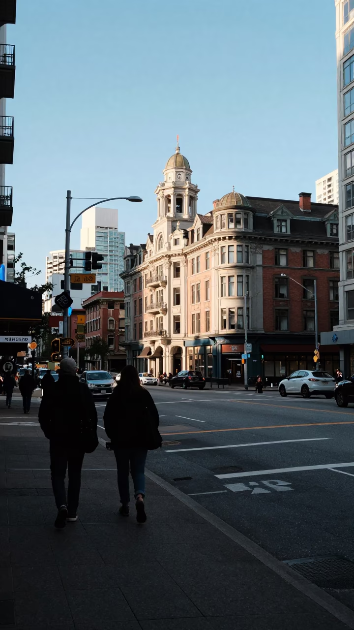 Vancouver British Columbia Late Afternoon Street Scene with Pedestrians and Urban Architecture in in Vancouver, British Columbia, Canada