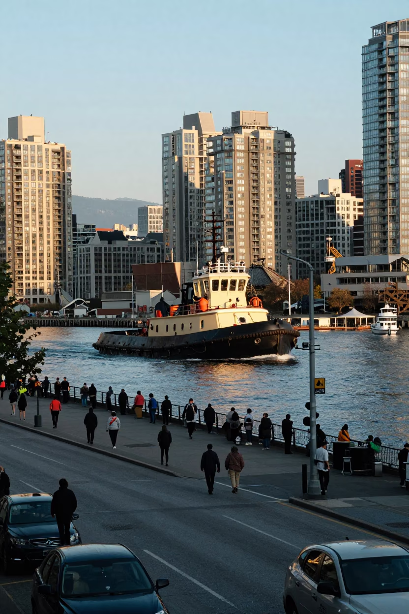 Vancouver British Columbia Late Afternoon Street Scene with Tugboat in Harbor in in Vancouver, British Columbia, Canada